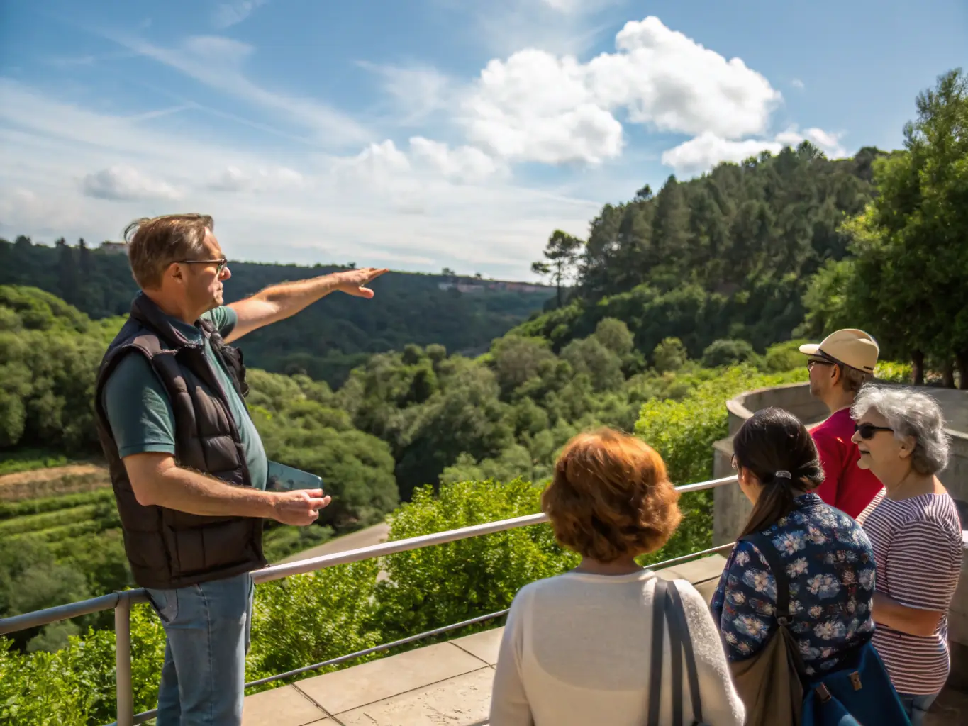 A group of visitors led by a knowledgeable guide walking along a picturesque French countryside path, with historic châteaux and lush greenery in the background, evoking the ambiance of 17th-century travel.