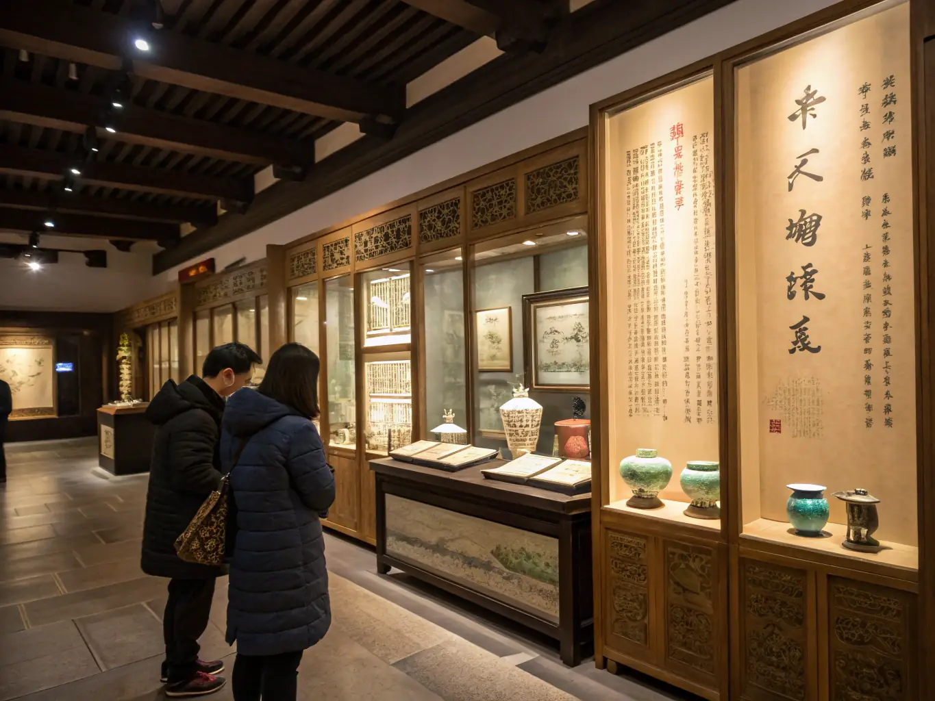 A lively workshop scene with adults and children participating in calligraphy and period costume activities inside a restored manor house, surrounded by authentic historical artifacts and educational displays.