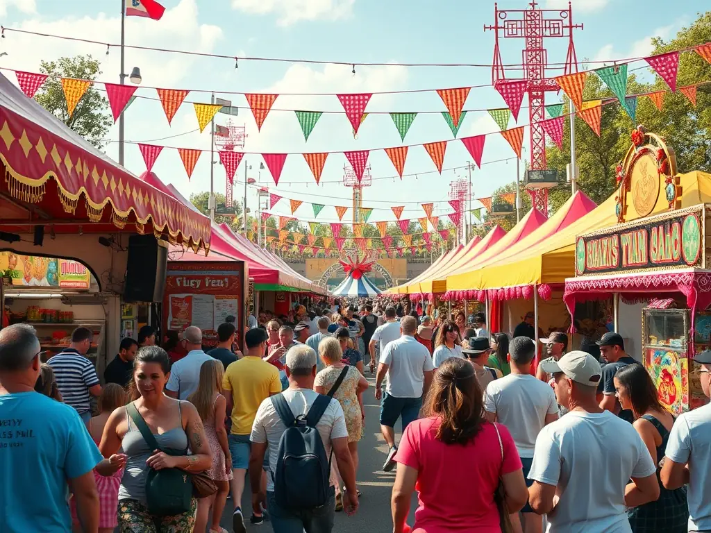 A vibrant outdoor festival at a historic estate, with families enjoying music, traditional games, and local food stalls, set against the backdrop of a grand château and manicured gardens.