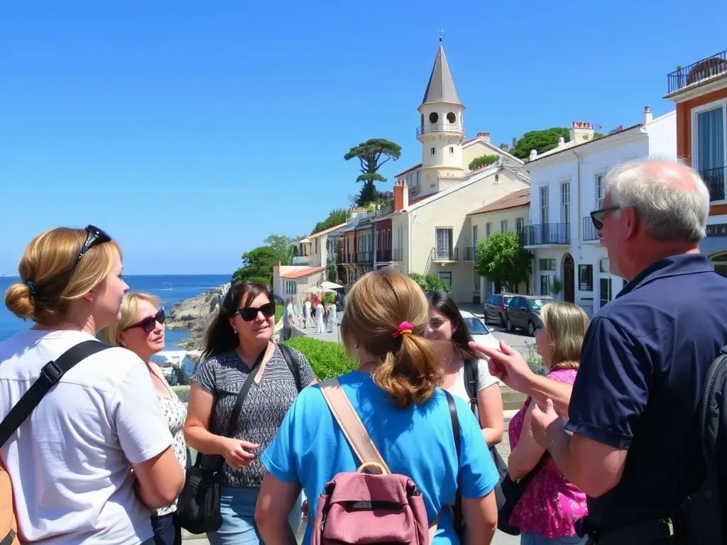 A photograph capturing a group of tourists on a guided tour, walking along a historical route with a knowledgeable guide pointing out significant landmarks. The scene is set in a picturesque French countryside, emphasizing the beauty and historical richness of the region.